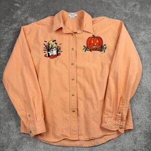 Vtg Halloween Ghost Pumpkin Embroidered Button Up Shirt Size L Crystal Springs